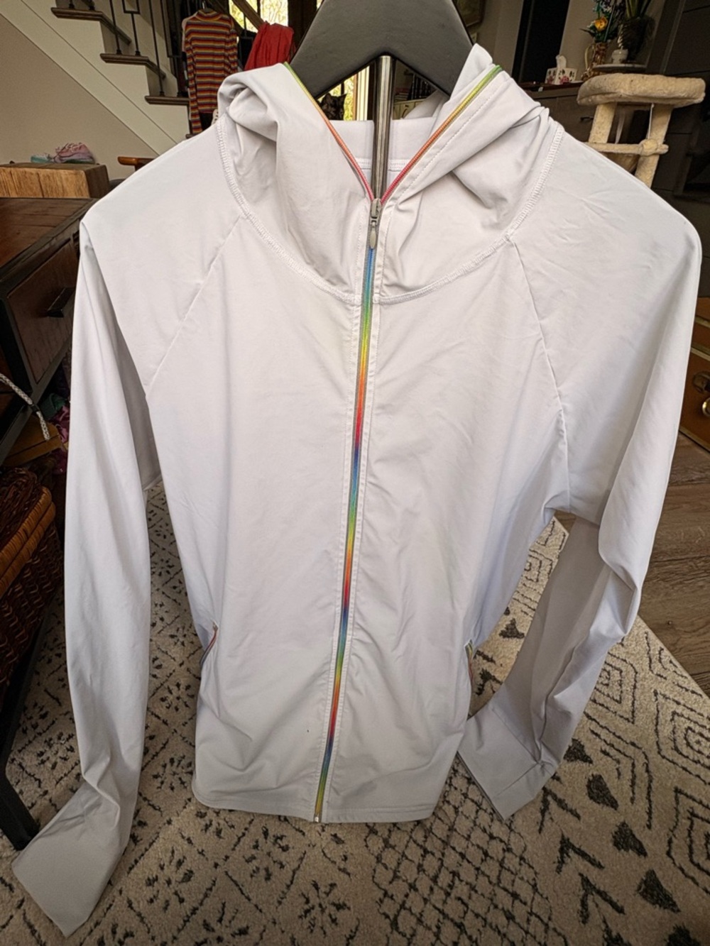 White Performance Hooded Jacket with Rainbow-Trim Zipper